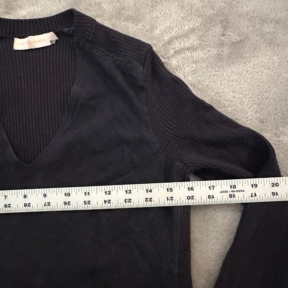 Tory Burch Black Long Sleeve Sweater Top Lambs Leather Ribbed Knit MEDIUM - Picture 5 of 6